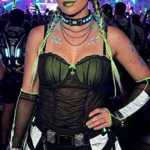 Cyber Glam Neon Lime Green Black Mesh Chemise Open Back Ruffle Festival Corset